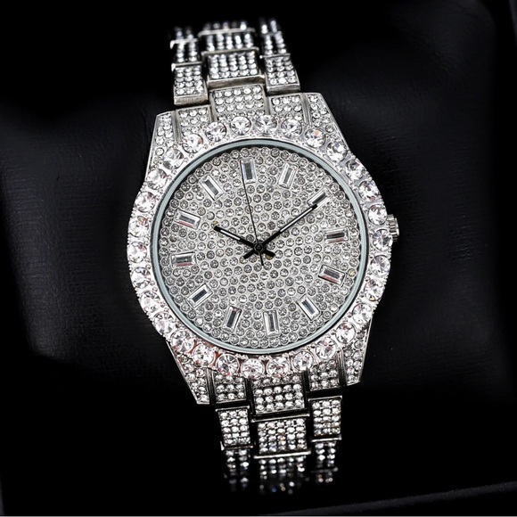 Mens Silver Hip Hop Iced Out Bezel Watch with Stones - Picture 6 of 6